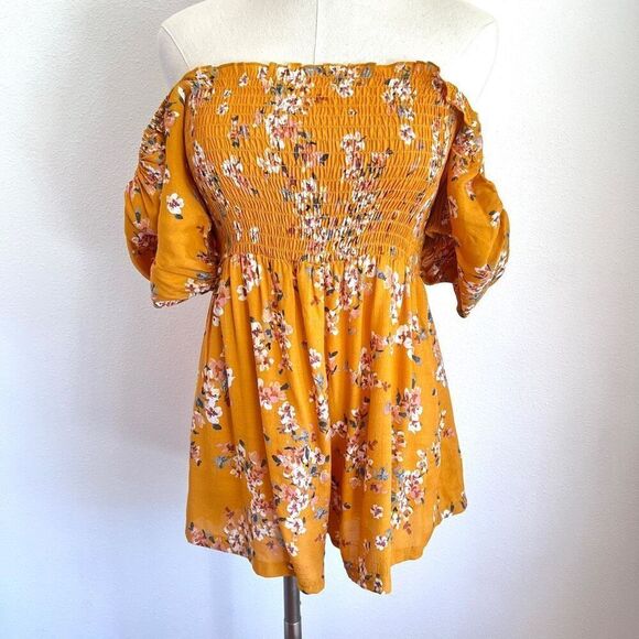 Flynn Skye Justine Romper Mustard Floral Puff Sleeve Square Neck Size Small No F - Picture 8 of 11